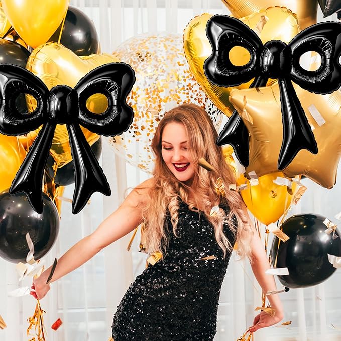 Black Happy Birthday Balloons, 31”Huge Black Bow Aluminum Foil Balloon Banner - Image 9