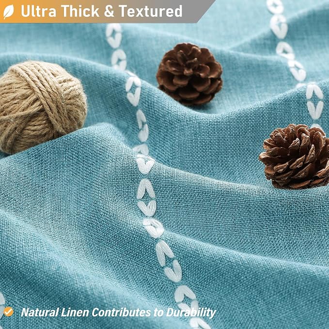 72x78 Long Boho Farmhouse Linen Heavy Duty Cloth Shower Curtain, Teal | Tall - Image 2