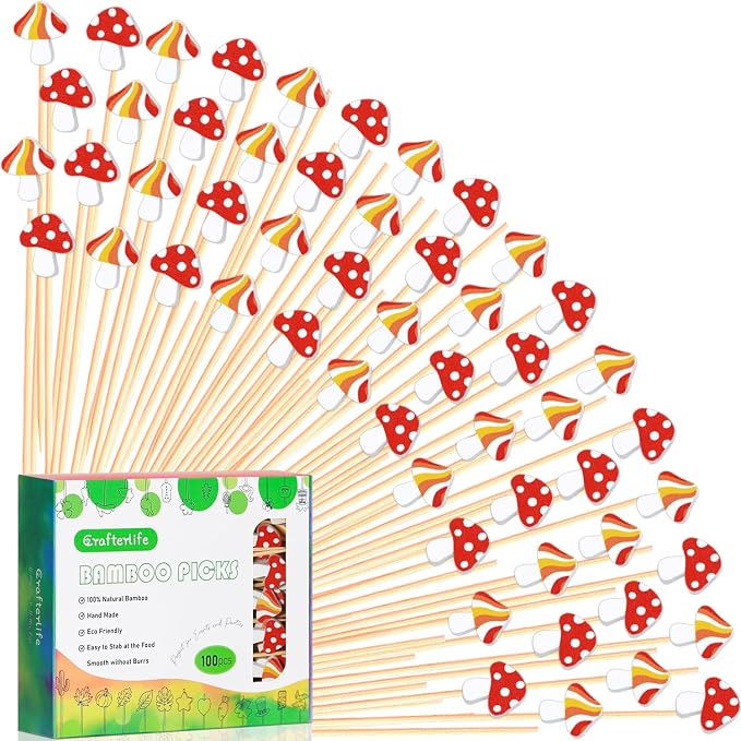 100Pcs Mushroom Cocktail Picks Fairy Enchanted Forest Decorations Toothpicks by Crafterlife