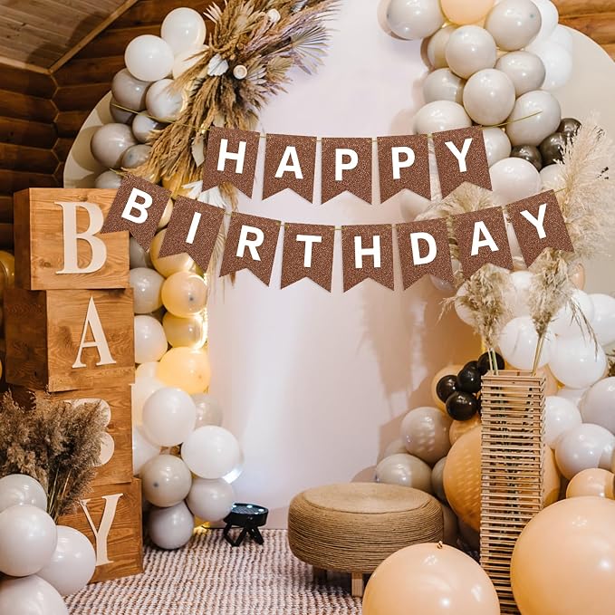 Hooqict Happy Birthday Banner Brown Birthday Party Decorations Backdrop - Image 3