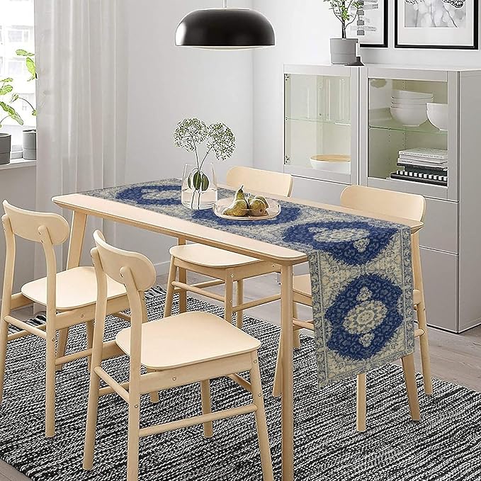 Boho Bohemia Style Dark Blue Table Runner, Country Rustic Farmhouse Magical Abstract Print Pattern for Home Kitchen Table Decor Dining Coffee Room Garden Party Decor 13x72in