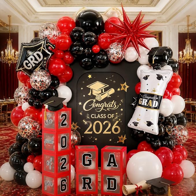 2026 Graduation Decorations Class of 2026 Red and Black Balloons Arch kit by Jobkoo
