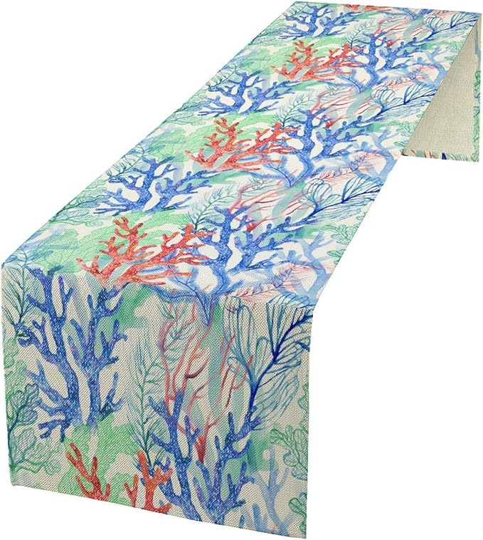 Summer Shell Starfish Table Runner, Seasonal Spring Summer Tropical Ocean Beach Indoor Party Kitchen Outdoor Table Decor 13x36 Inch