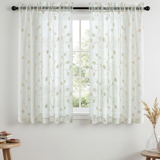 Beige Sheer Curtains Decorative Embroidered Leaf 54 Inches Long | Light by VISIONTEX