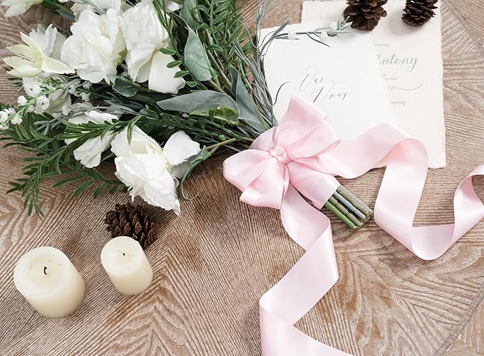 Pink Satin Ribbon for Valentines Day 1-1/2 Inch x 50 Yards Double-Faced Ribbons for Flower Bouquet Gift Wrapping Party Decor Wedding Invitation DIY Craft