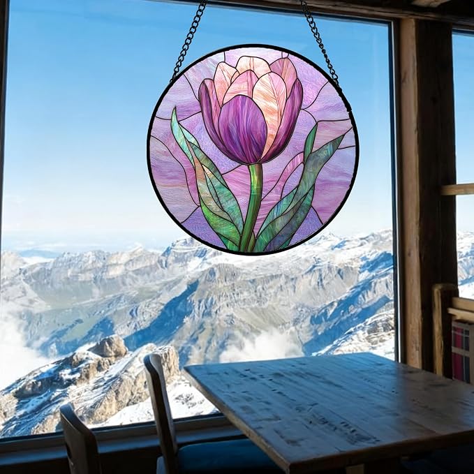 DASTOLL Stained Glass Window Hanging Purple Tulips Flower 9.8" - Image 3