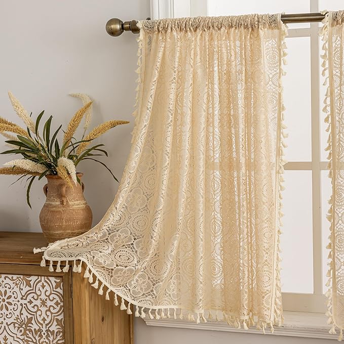 YJ YANJUN Boho Lace Curtains 30 inch Length 2 Panels, Vintage Floral Crochet - Image 5