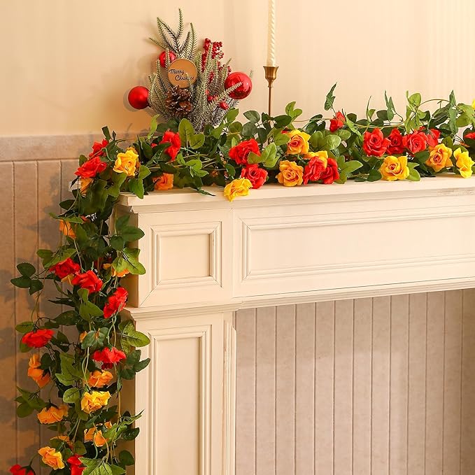 Floweroyal 6 Pack Artificial Flower Garlands 15.8FT Fake Rose Vines Silk Flowers Hanging Rose Ivy for Wedding Arch Party Home Garden Wall Decor (Orange Yellow)