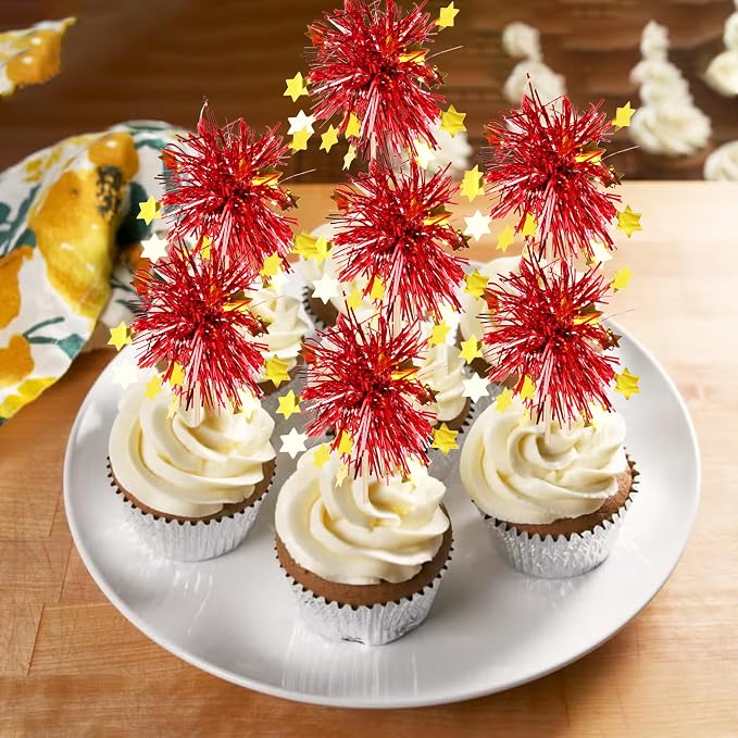 30 PCS Foil Firework Cupcake Toppers Happy Birthday Star Cupcake Picks Sparkle - Image 5