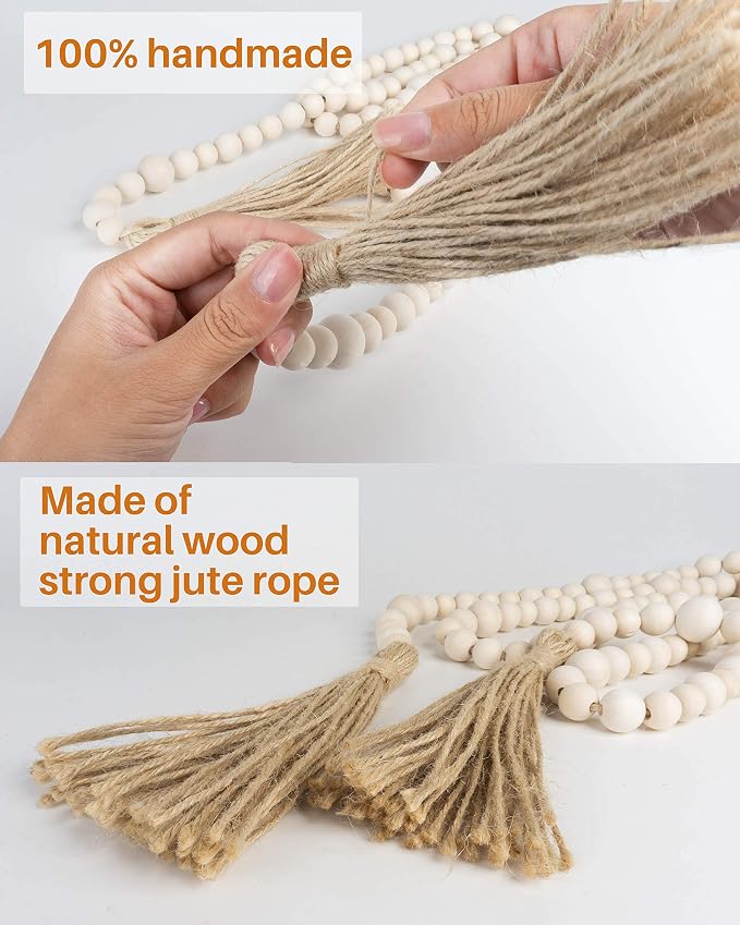 Wood Bead Garland with Tassels, 72 Inch Natural Wooden Beads Garland, 6 Feet - Image 4