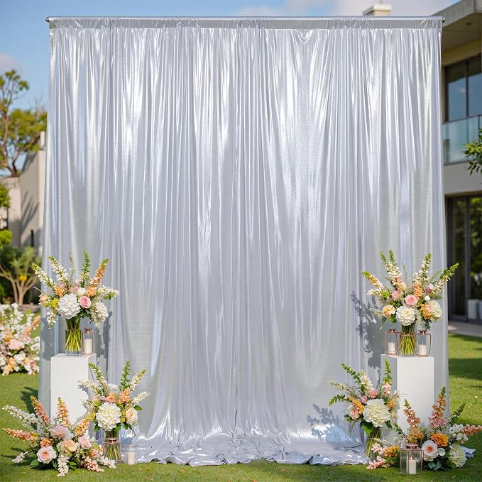 gogoparti Silver Backdrop Curtain 10x12FT 2 Panels Metallic Shine Fabric - Image 8