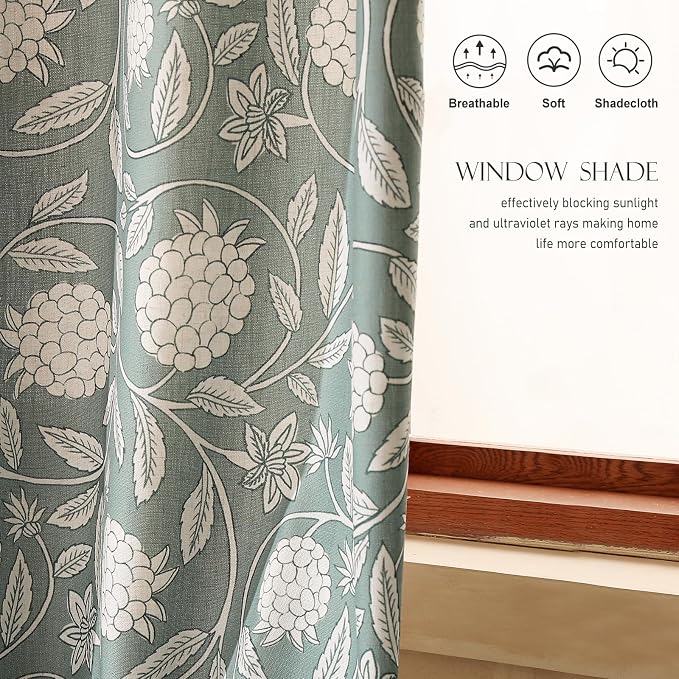 Designer Vintage Linen Printed Curtains, 2 Panels, Floral Pattern Draps - Image 3