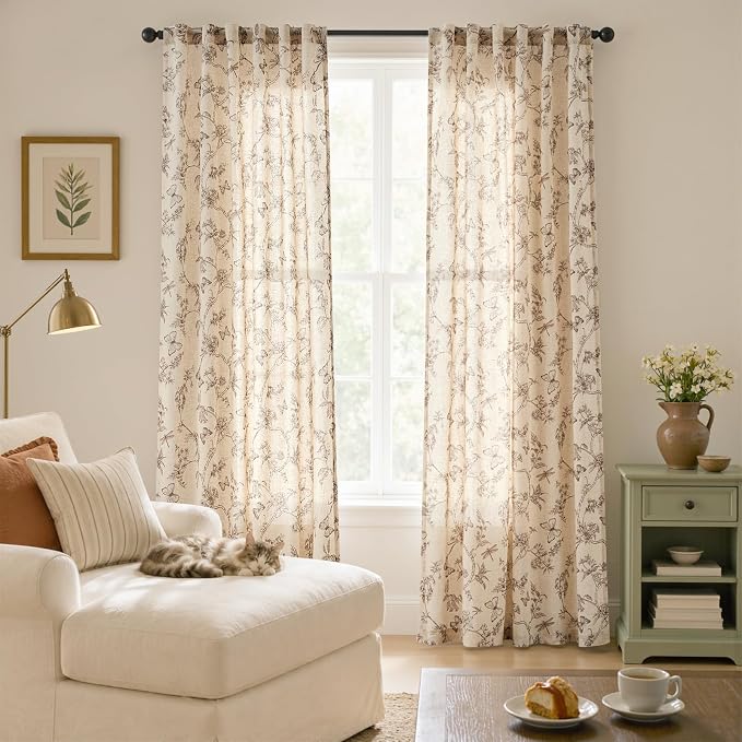 Taupe Floral Linen Curtains Farmhouse Rod Pocket 50W X 84L 2 Panels | Charlotte - Image 6