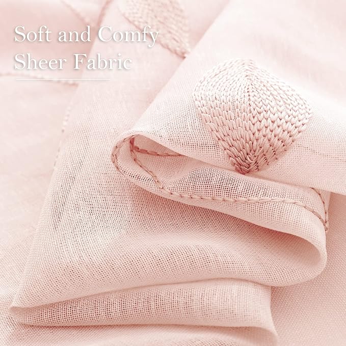 HOMEIDEAS Blush Pink Sheer Curtains 2 Panels Set, Embroidered Leaf, W52xL63 | - Image 4