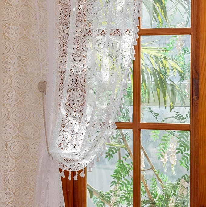 YJ YANJUN Boho Lace Curtains 72 inch, 2 Panels, Crochet Drapes - Image 4