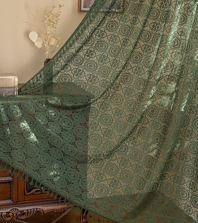 YJ YANJUN Boho Lace Curtains, Dark Green, 2 Panels | Vintage Floral Crochet - Image 2