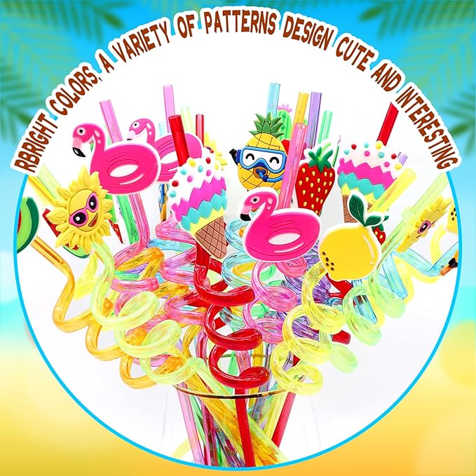 Summer Reusable Drinking Straws 24 Packs Pool Party Decorations Beach Fruit Party Favors Hawaiian Tropical Straws Goodie Bag Gifts for Birthday Party Supplies with 2 Cleaning Brushes