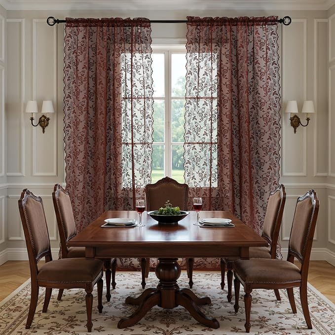 Chestnut Brown Sheer Curtains for Bedroom Rustic Floral 42x63 Inch 2-Panel | - Image 8