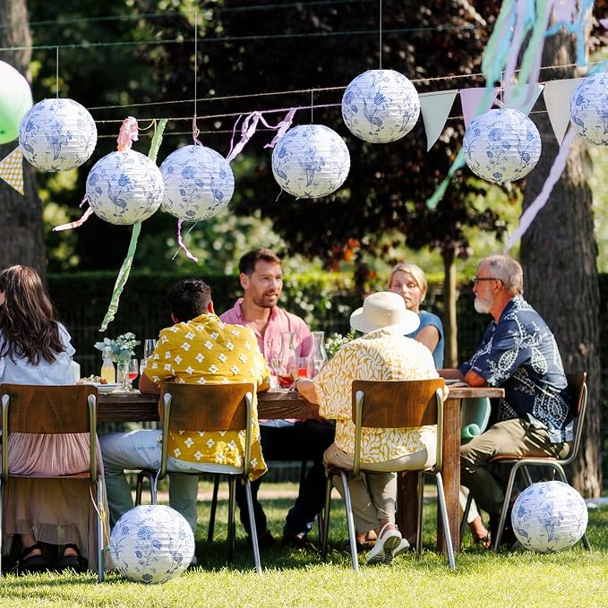Honoson 12 Pcs Chinoiserie Paper Lanterns Blue and White Floral Chinoiserie - Image 3