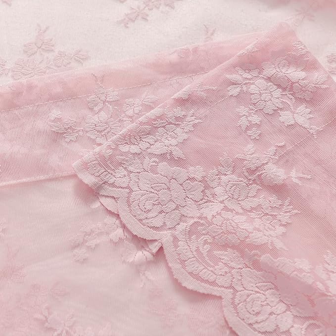 Kotile Short Pink Lace Curtains Rustic Floral W42 x L45 Inch, 2 Panels | Rod - Image 9