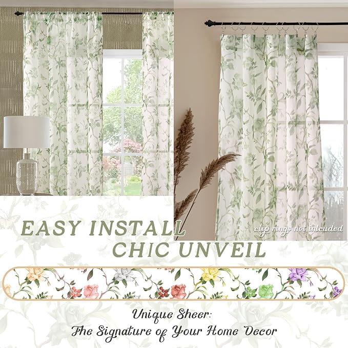 Sage Green Curtains for Living Room Sheer, Spring Leaf Vines Patterned - Image 7
