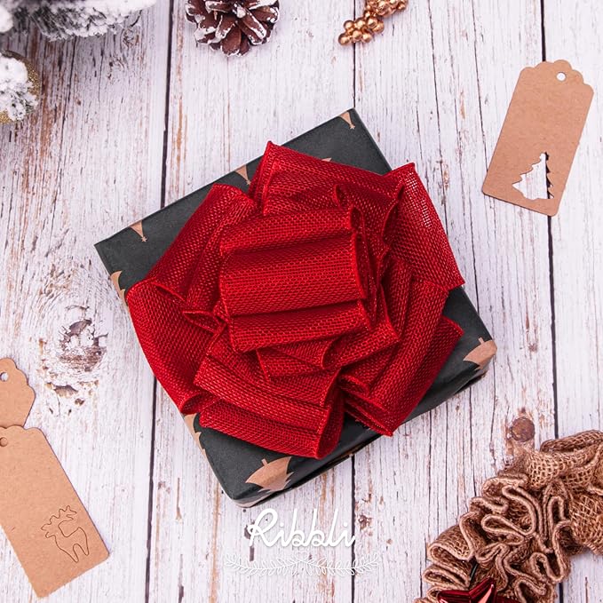 Ribbli Red Burlap Wired Ribbon, 2-1/2” Inch x Continuous 20 Yard, Red Wired Ribbon for Wreaths,Big Bows,Tree Decoration,Outdoor Decoration