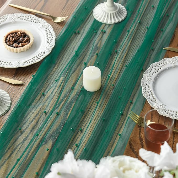 Artoid Mode Pearl Dark Green Gauze Table Runner 59x120 Inch, Seasonal Sheer - Image 6