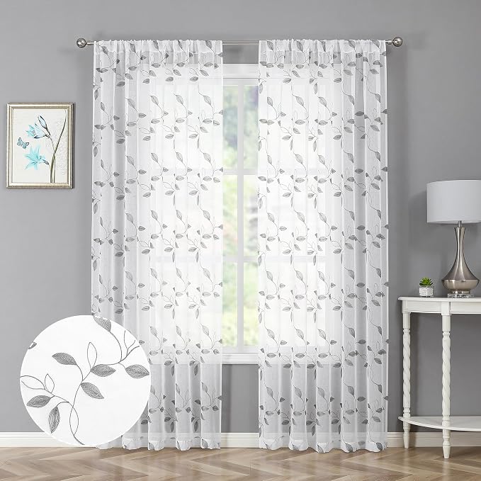 Tollpiz Grey Leaf Sheer Curtains Leaves Embroidered Bedroom Curtain Rod Pocket by Tollpiz