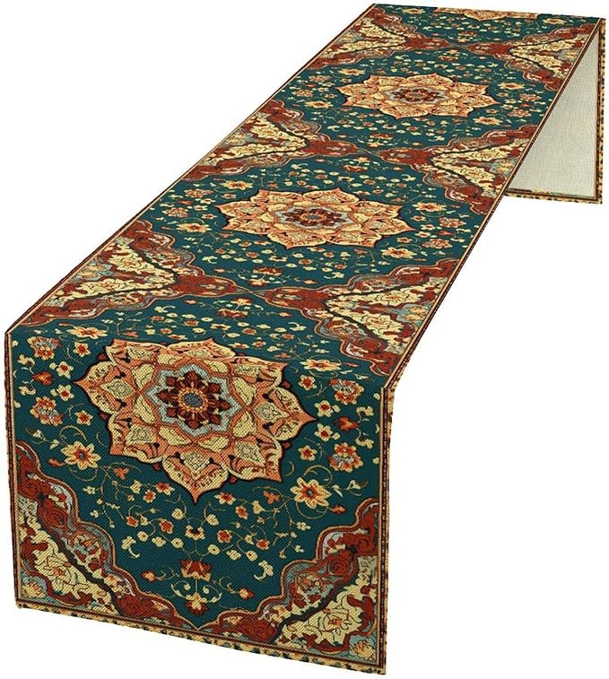 Boho Rich Table Runner, Vintage Blue Teal Gold Retro Flower Rustic Country Style Floral Print Pattern for Home Kitchen Table Decor Dining Coffee Room Garden Party Decor 13x60in