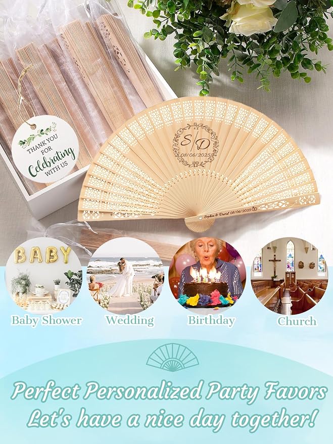 50Pcs Personalized Folding Hand Fans Custom Engraved Summer Wedding Fans,Personalized Wooden Fans Party Favor Bridal Shower Gifts for Guests