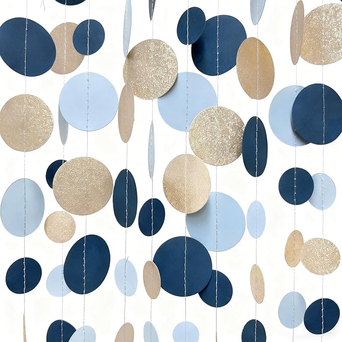 Navy Blue Champagne Gold Polka Dots Garland Hanging Paper Circle Dot Streamer by pinkblume