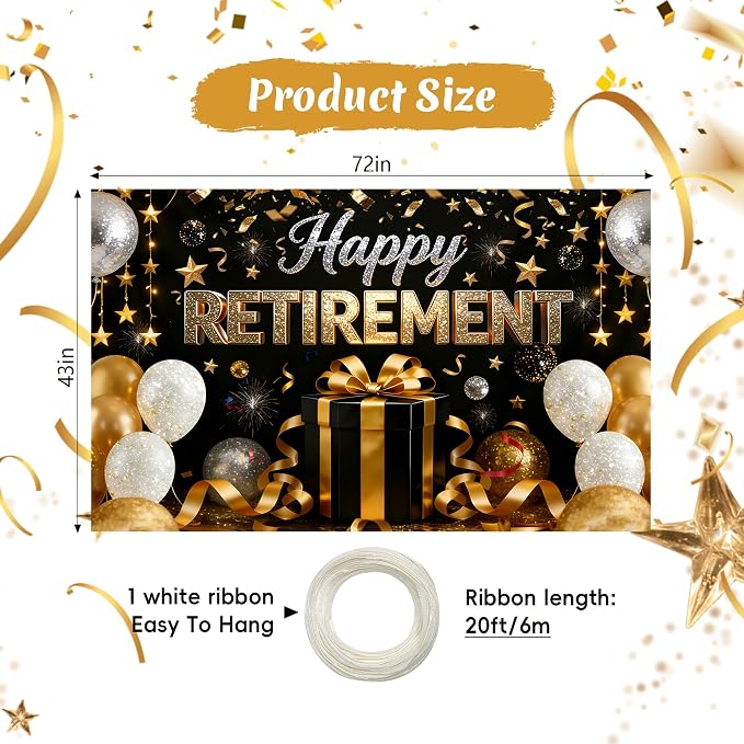 72x43 Inch Retirement Party Decorations Happy Retirement Backdrop | Large Black - Image 2