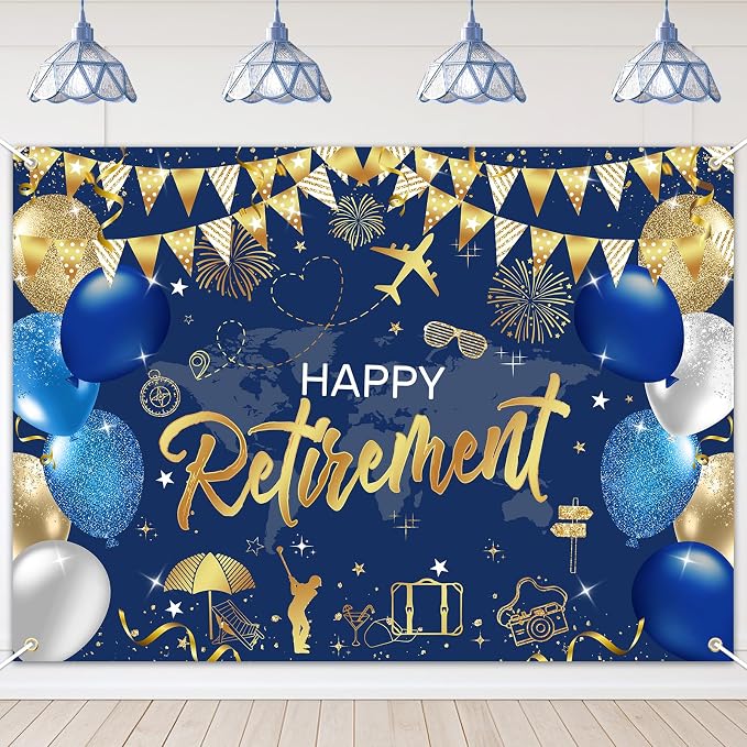 Mocsicka Retirement Party Decorations Blue and Gold Happy Retirement Backdrop by Mocsicka