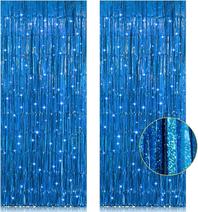 2 Pack 3.2ft x 8.2ft Blue Foil Fringe Curtains Photo Backdrop Party Decorations by welcomePIGETALE