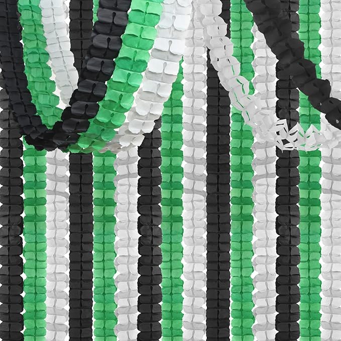 Black Green-Silver Party-Decorations Streamers Garland - 12pcs Graduation 2025 4-Leaf Clover Paper Streamer, Soccer Party Supplies Wedding Men Boys Birthday Baby Bridal Shower Banners Decor Ouruola