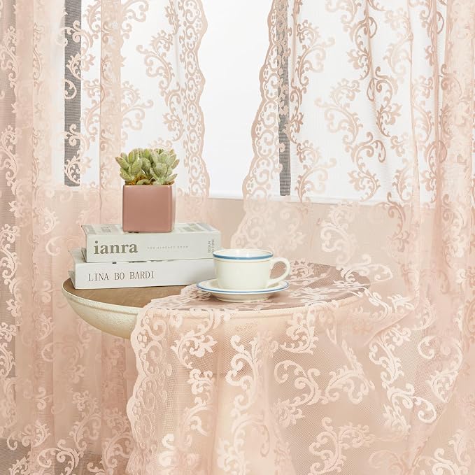 FOLKSIDE Blush Pink Lace Curtains 90 Inches Long 2 Panels Victorian Floral - Image 2