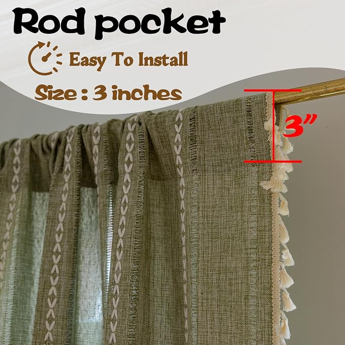 Sutuo Home Green Boho Curtain 52W x 36L inch White Striped Light Filtering - Image 5