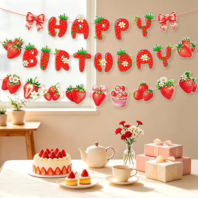 MEETINGU Strawberry Bow Happy Birthday Banner Birthday Party Decorations - Image 4
