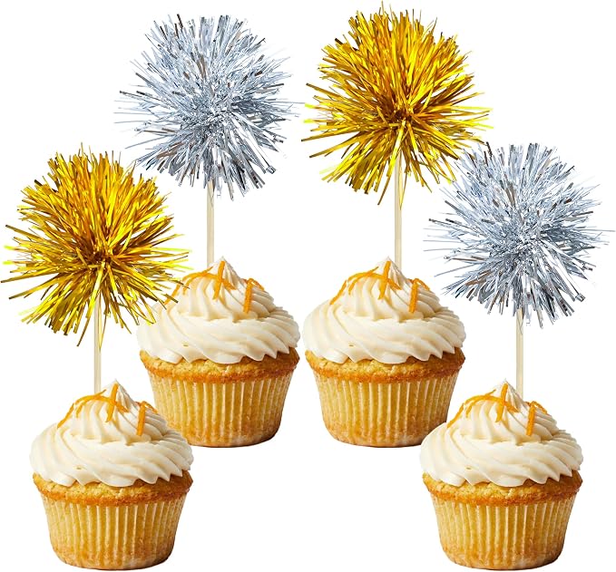 Gyufise 30Pcs Foil Firework Cupcake Toppers Sparkle Tinsel Cake Toppers Tinsel by Gyufise