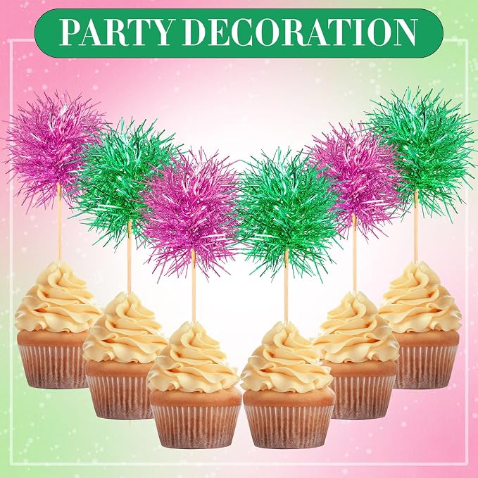 Chinco 100 Pcs Pink and Green Foil Firework Witch Cupcake Toppers Party Favors - Image 3