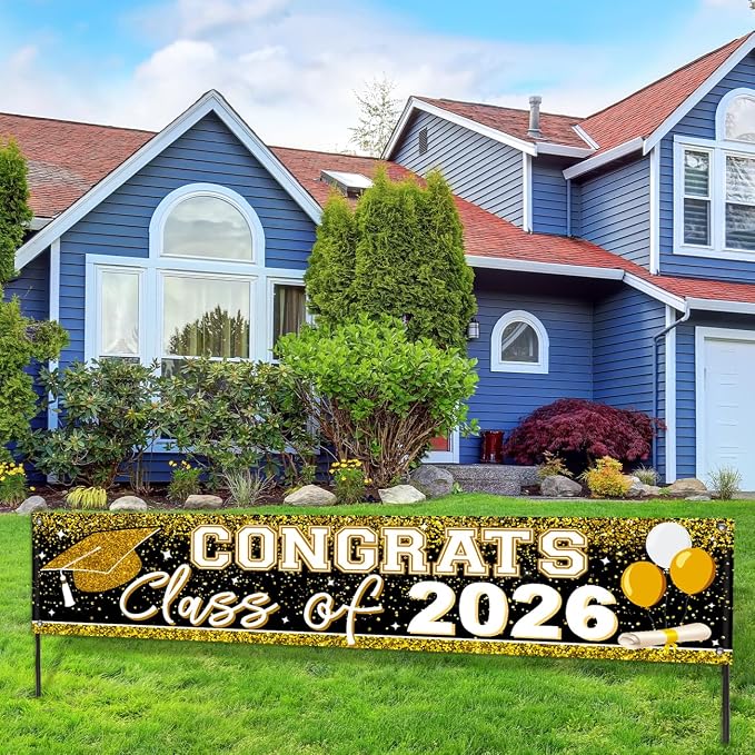Large Congrats Grad Banner Gold Class of 2026 Banner Backdrop Graduation 2026 - Image 5