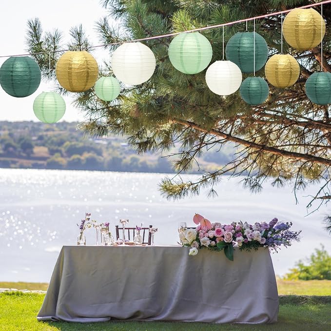 21Pcs Sage Green Gold Lanterns, 4-10in Hanging Decor, Wedding Baby Shower | - Image 6
