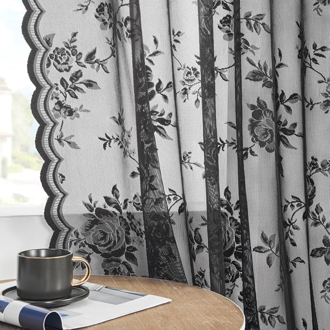 Black Lace Curtains 108 Inches Long Gothic Floral Sheer Curtains - Image 4