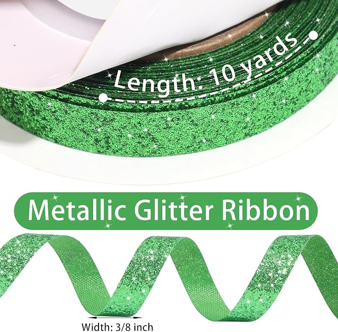 Green Metallic Glitter Ribbon for Gift Wrapping 3/8in x 10Yds | Cheer Sparkle - Image 3