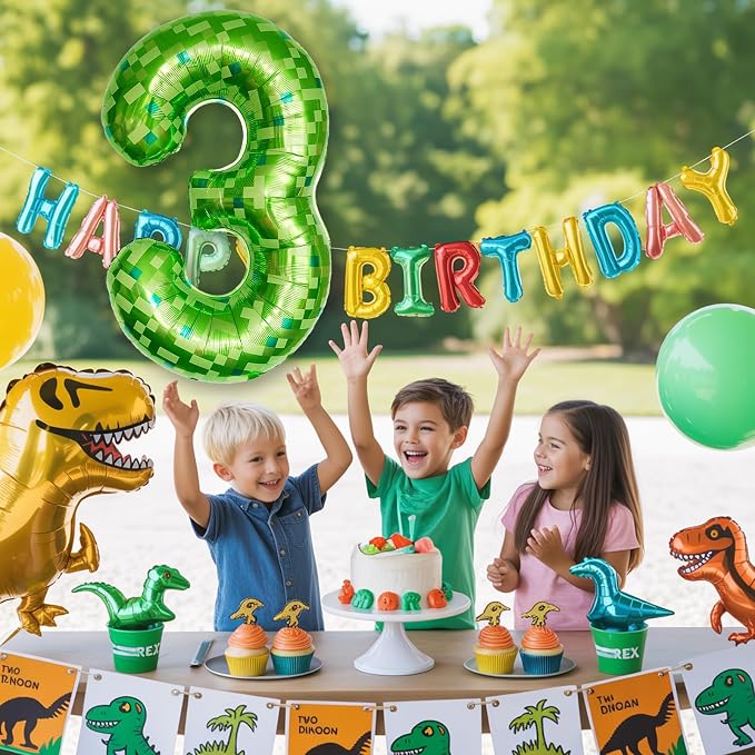 3rd Birthday Balloons for Boys, Large Lime Green Pixel Number 3 Balloon - Image 7