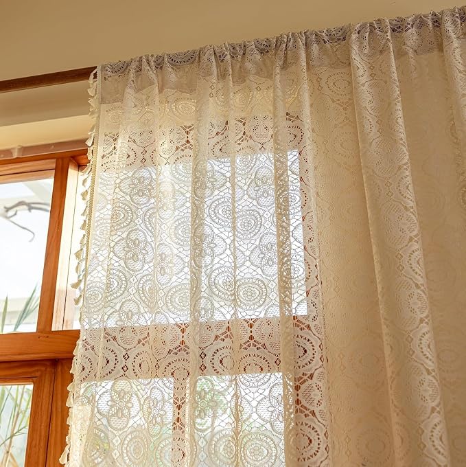 YJ YANJUN Boho Lace Curtains 90 inches Long 2 Panels -Vintage Floral Crochet - Image 6