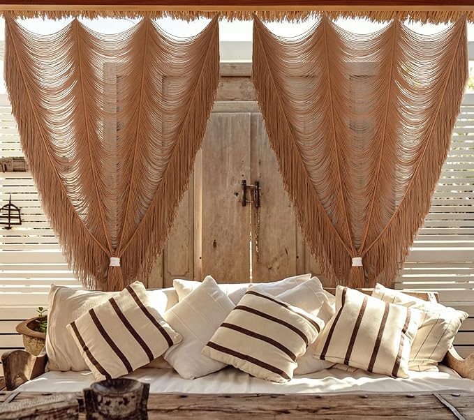 2 Panels Macrame Curtains 59" W x 75" H Handwoven Brown Room Divider Door | - Image 2
