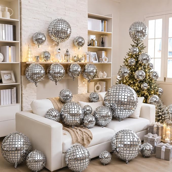 12Pcs Disco Ball Balloons Foil, Giant Metallic Silver Disco Balloons - Image 3