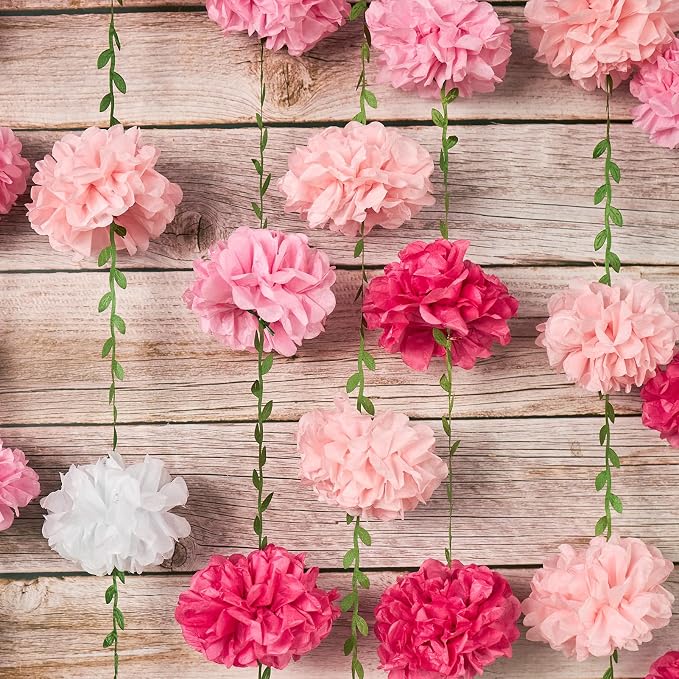 Gradient Pink Tissue Paper Pom Pom Garlands, Paper Flowers - Image 7
