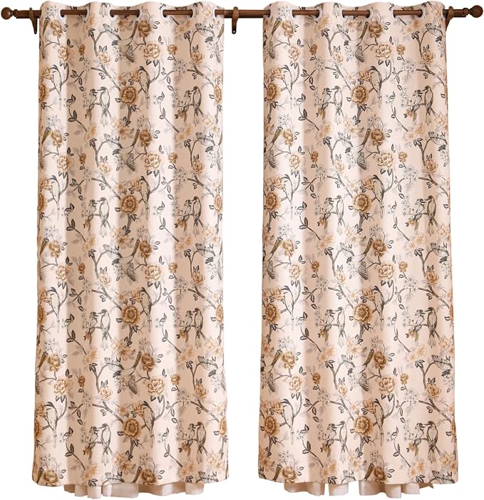 Designer French Linen Printed Curtains, 2 Panels, Bird and Flowers Pattern Draps - Image 4